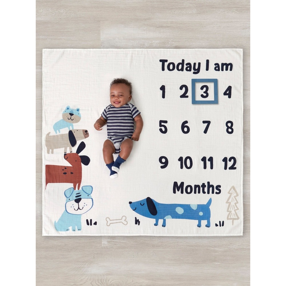 Gerber Baby Boy 2 Piece Monthly Milestone Blanket And Frame Set Blue Dogs NEW - Picture 7 of 10